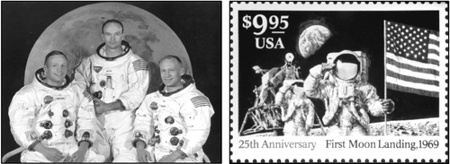 阿波罗11号的三名宇航员             为纪念人类第一次踏上月球25周年发行的邮票