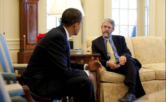 President Obama meets with John Holdren, Office of Science and Technology Policy, in the Oval Office prior to Stem Cell Executive Order 